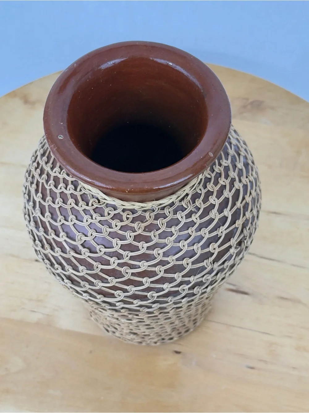 Vintage Woven Wicker Overlay/ Rattan Netted Red Clay Pottery Vase